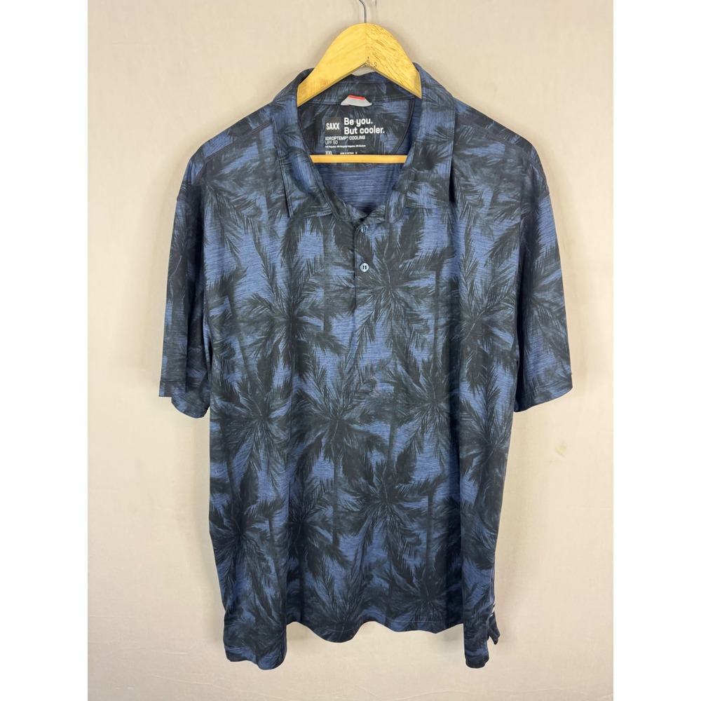 SAXX Droptemp Cooling Polo Shirt XXL Navy Palm Print UPF 50 Performance Top